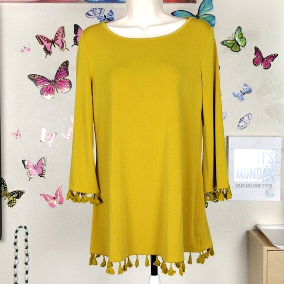 Nina Leonard vintage mustard yellow half sleeve blouse with tassles - Picture 1 of 9